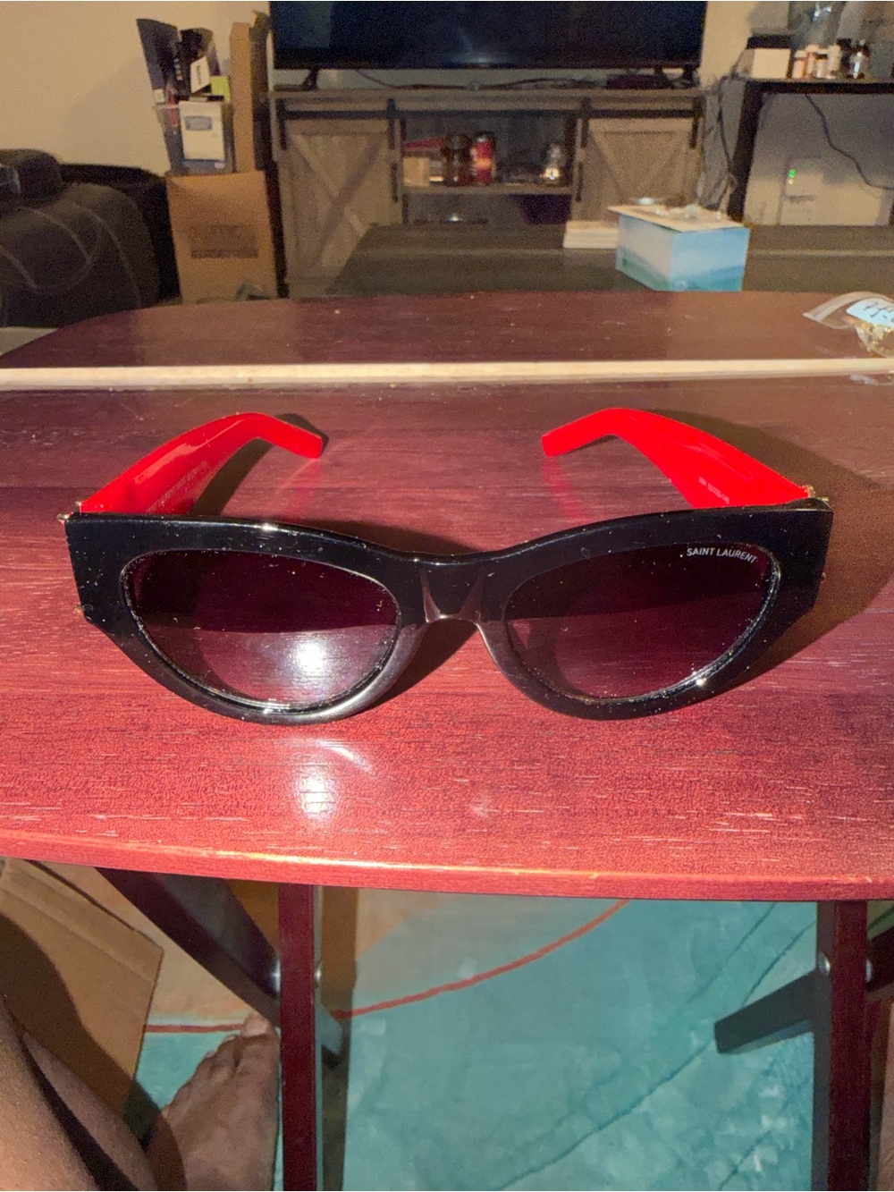 Saint Laurent Black Front Sunglasses with Red Temples